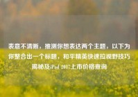表意不清晰，推测你想表达两个主题，以下为你整合出一个标题，和平精英快速拉视野技巧揭秘及iPad 2017上市价格查询