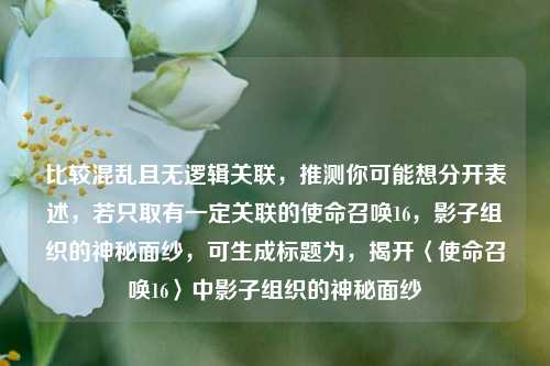 比较混乱且无逻辑关联，推测你可能想分开表述，若只取有一定关联的使命召唤16，影子组织的神秘面纱，可生成标题为，揭开〈使命召唤16〉中影子组织的神秘面纱