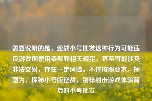 需要说明的是，逆战小号批发这种行为可能违反游戏的使用条款和相关规定，甚至可能涉及非法交易，存在一定风险。不过按照要求，标题为，探秘小号版逆战，别样射击游戏体验背后的小号批发