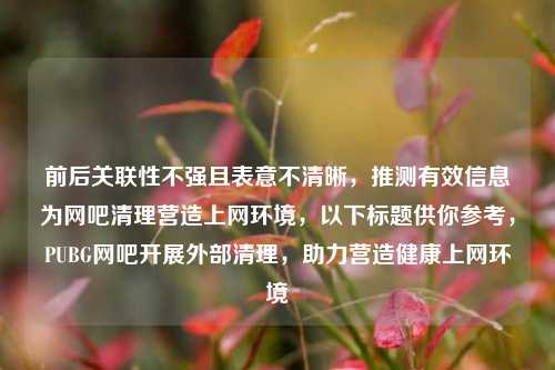 前后关联性不强且表意不清晰,推测有效信息为网吧清理营造上网环境,以下标题供你参考,PUBG网吧开展外部清理,助力营造健康上网环境