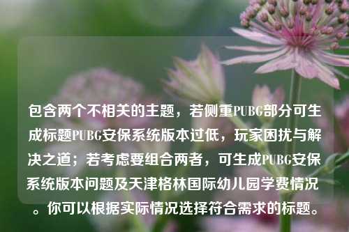 包含两个不相关的主题,若侧重PUBG部分可生成标题PUBG安保系统版本过低,玩家困扰与解决之道;若考虑要组合两者,可生成PUBG安保系统版本问题及天津格林国际幼儿园学费情况 。你可以根据实际情况选择符合需求的标题。